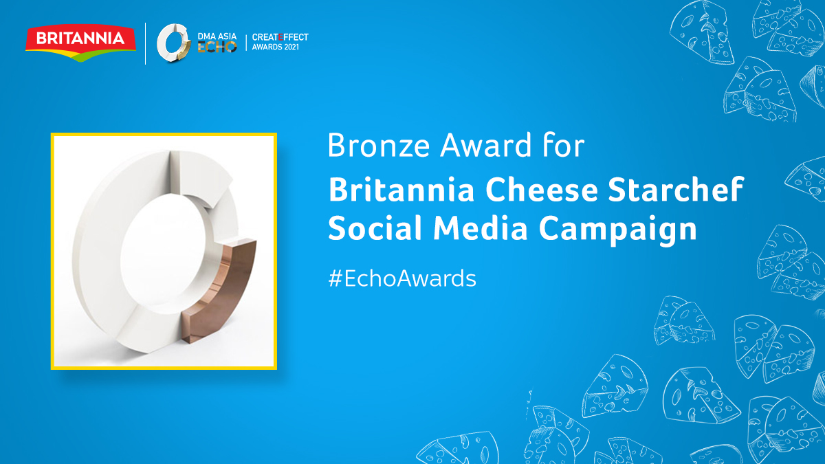 BritanniaIndLtd's tweet photo. We are proud to announce that our Britannia #Cheese Starchef #campaign was awarded Bronze across the #socialmedia category at #DMAasia ECHO #CREATEFFECT Awards 2022.
A shoutout to our entire team for #makingtingshappen through their invaluable contribution.
#ExcitingGoodness https://t.co/5VOt9uzTWO