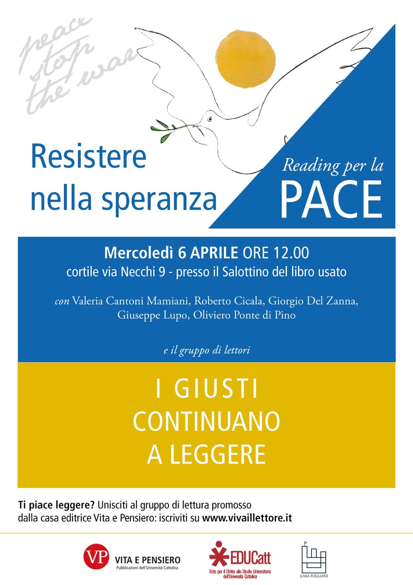 Resistere nella speranza. Reading per la #pace 🏳️‍🌈
📌#6aprile ore 12 presso il Salottino del libro usato <a href="/EDUCattUC/">EDUCatt</a> 
Con "I giusti continuano a leggere" ci saranno due studentesse ucraine del nostro Ateneo e tanti ospiti
<a href="/GiuseppeLupo8/">Giuseppe Lupo</a> <a href="/valeriacantoni/">valeria cantoni msmiani</a> <a href="/olivieropdp/">olivieropdp</a> <a href="/editorialab/">LaboratorioEditoria</a>