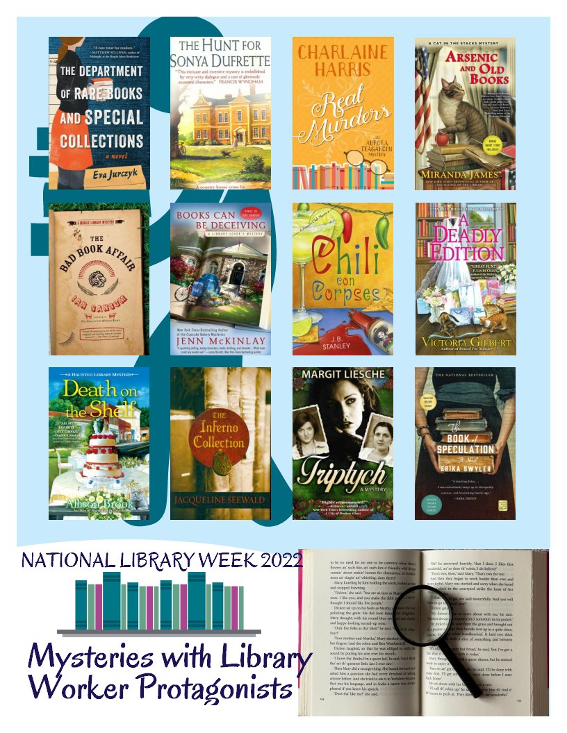 RivFreeLibrary's tweet photo. Happy #NationalLibraryWorkers Day! Celebrate with one of these mysteries that feature library workers among the main characters. Click on the LibraryAware link to enlarge, then click the cover to learn about and request the book  #rfl #thisisriverhead https://t.co/8vDpZVTj8Q https://t.co/xKwTx9PUJ4