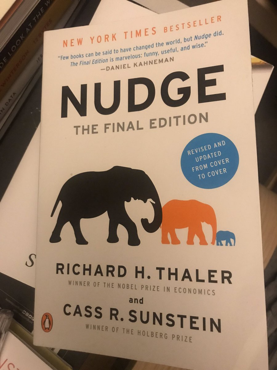 #Nudge: any aspect of #choicearchitecture that alters people’s behavior in a predictable way without forbidding any options or significantly changing their economic incentives

#Snudge: self-nudge

#Sludge: any aspect of choice architecture that hinders the obtaining of a benefit