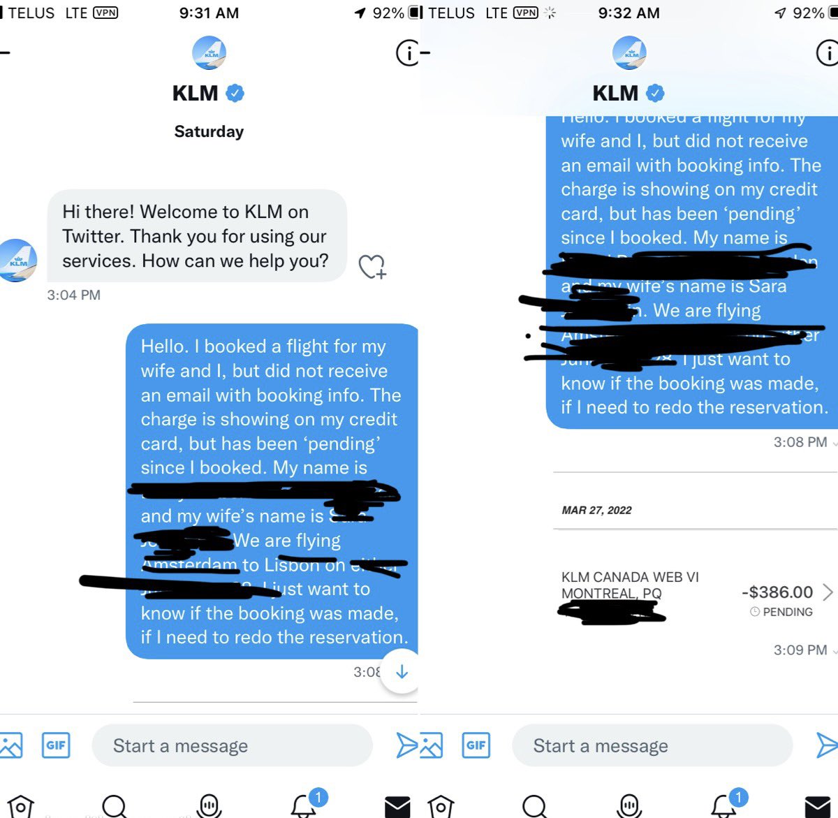 Dyrel84's tweet photo. @KLM You asked me to message you, so I did…on Saturday. It is now Tuesday. No answer. All I needed was a simple answer. I’ve now booked this trip and the rest of my honeymoon with another airline. #thanksbutnothanks #badcustomerservice https://t.co/yo2b0ngcdy