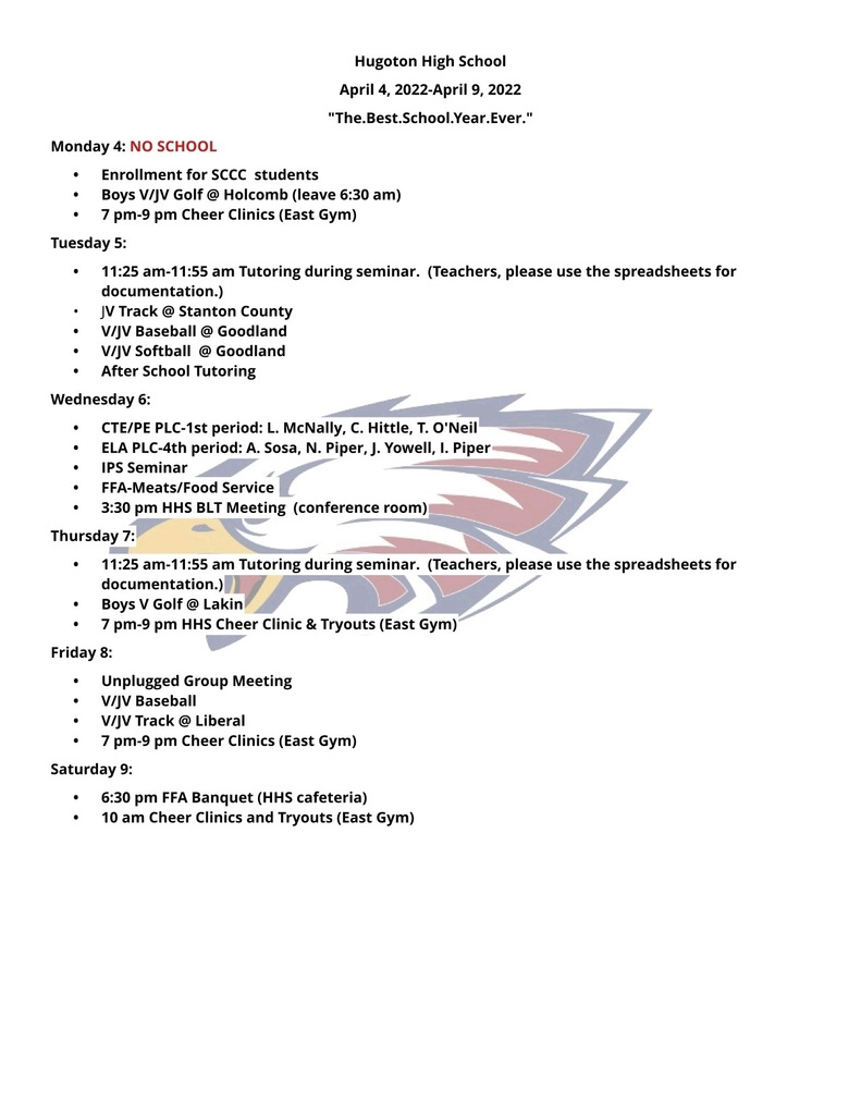 HHS Activities Calendar for 4/4/2022-4/9/2022