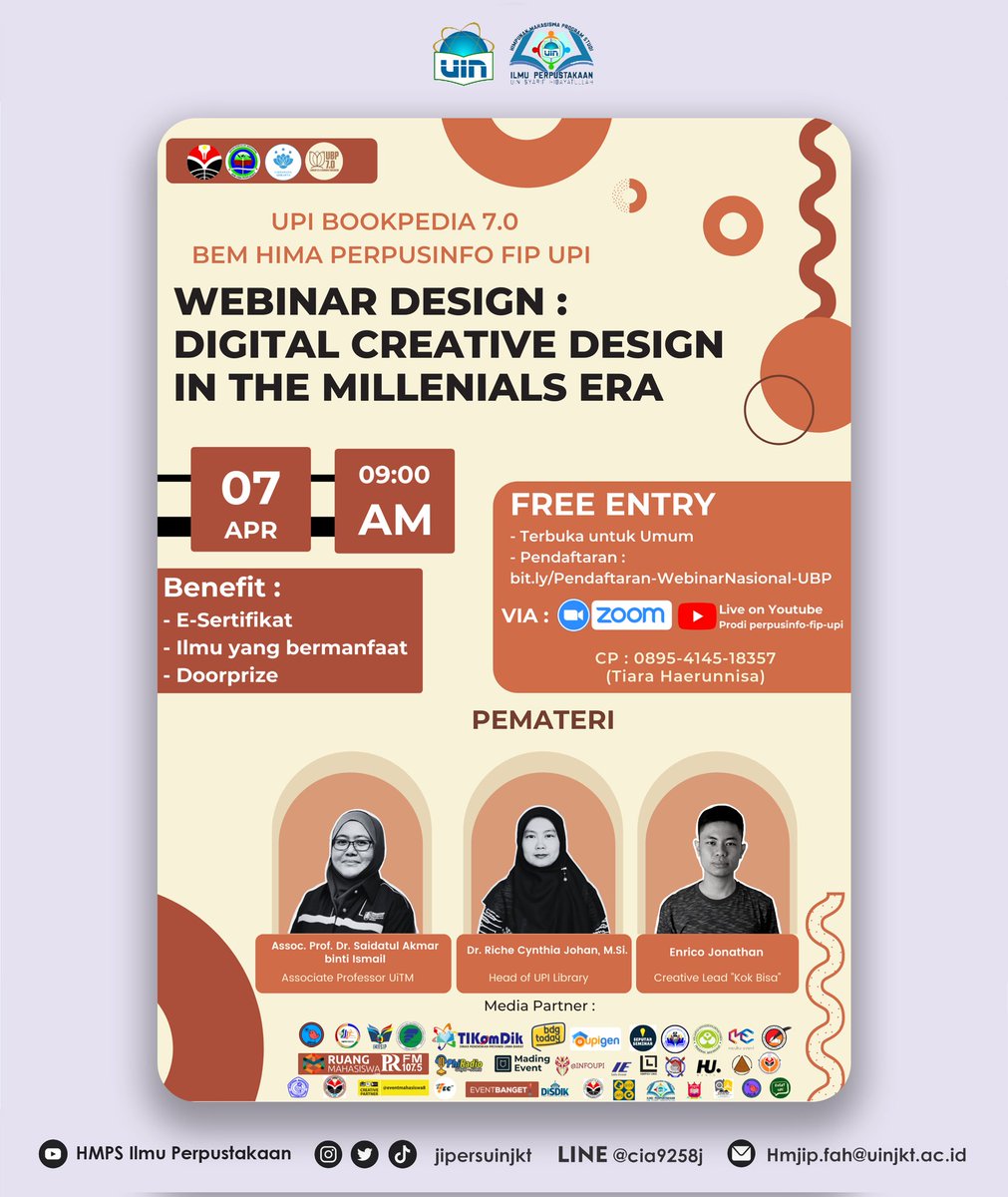 jipersuinjkt's tweet image. [WEBINAR NASIONAL UPI BOOKPEDIA 7.0]

Diselenggarakan pada:
🗓: Kamis, 7 April 22
🕘: 09.00 WIB - Selesai
📍: Zoom Meeting

FREE ENTRY, daftarkan dirimu melalui bit.ly/Pendaftaran-We…

CP: 0895414518357 (Tiara Haerunnisa)
#WEBINARNASIONAL2022 #WEBINARUPIBOOKPEDIA #jipersuinjkt