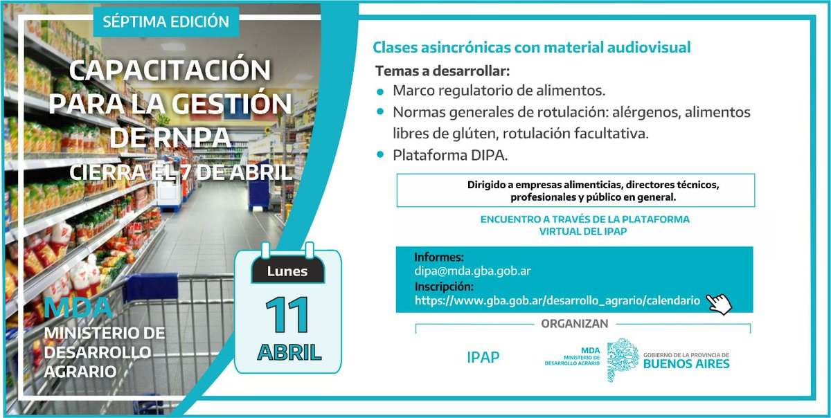Ministerio de Desarrollo Agrario (@agrariopba) on Twitter photo Capacitación para la gestión de RNPA
📌 11 de abril
👨💻 Modalidad virtual
👥 Dirigida a empresas alimenticias, técnicos, profesionales y público en general
✉ dipa@mda.gba.gob.ar
Inscripción: bit.ly/3NBJNy3
⚠️ Cierra el 7 de abril Capacitación para la gestión de RNPA
📌 11 de abril
👨💻 Modalidad virtual
👥 Dirigida a empresas alimenticias, técnicos, profesionales y público en general
✉ dipa@mda.gba.gob.ar
Inscripción: bit.ly/3NBJNy3
⚠️ Cierra el 7 de abril