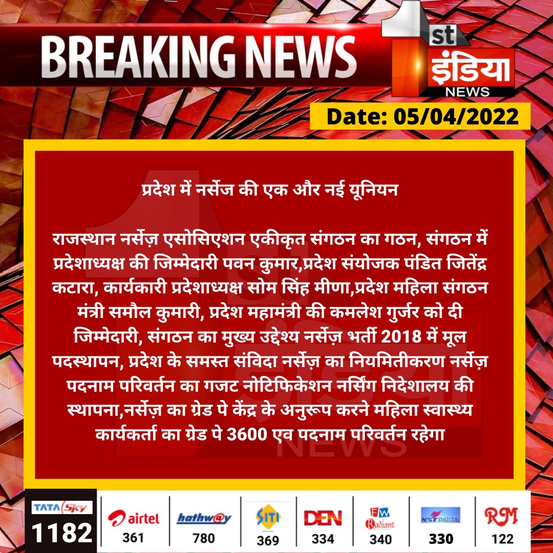1stIndiaNews's tweet photo. प्रदेश में नर्सेज की एक और नई यूनियन

राजस्थान नर्सेज़ एसोसिएशन एकीकृत संगठन का गठन, संगठन में प्रदेशाध्यक्ष की जिम्मेदारी पवन कुमार,प्रदेश संयोजक पंडित जितेंद्र कटारा...
#Jaipur @RajGovOfficial @ml_vikas https://t.co/8vWFRuap0b