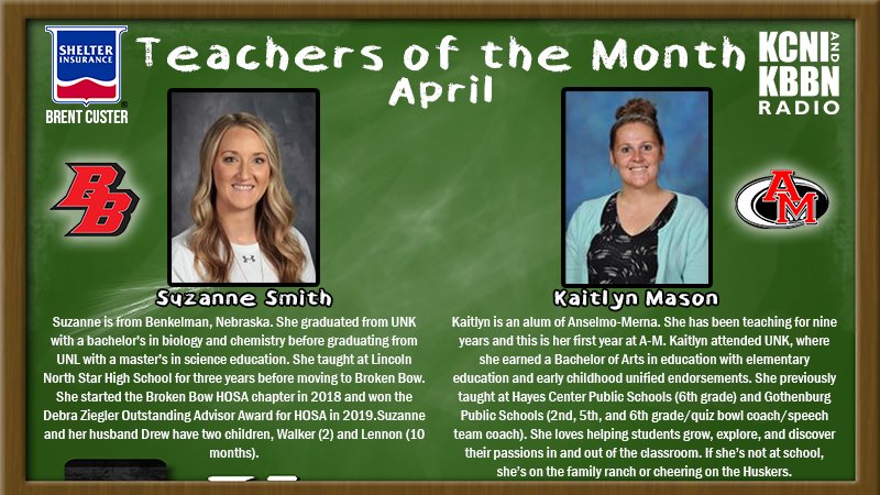 Congratulations to the Teachers of the Month for April.. Suzanne Smith from Broken Bow and Kaitlyn Mason from Anselmo-Merna!

<a href="/amactivities/">Anselmo-Merna Public School</a> <a href="/BBHSINDIANSS/">Broken Bow Indians 🏹</a>