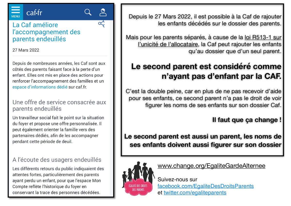 EgaliteParents's tweet photo. Il est possible pour la @cnaf_actus de faire figurer les enfants décédés dans le dossier Caf, mais pas possible pour les parents séparés 🤔

A cause de la Loi R513-1 sur l’unicité de l’allocataire, les enfants « VIVANTS » ne peuvent pas apparaître sur le dossier du second parent https://t.co/wwjPWBMZPo