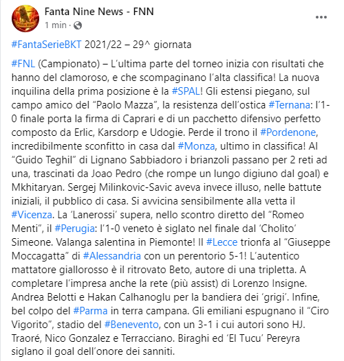 fanta9news's tweet photo. I risultati della 29^ giornata del #fantacalcio di #Fantanine: #FNL (Campionato), #FNA, #FNGp, #FNBR e... la finale 3°/4° posto di #FNC! 🥉🏆
Occhio! Nuova capolista in campionato... 👀
#FantaSerieBKT https://t.co/G3aSZ0Rhk2
