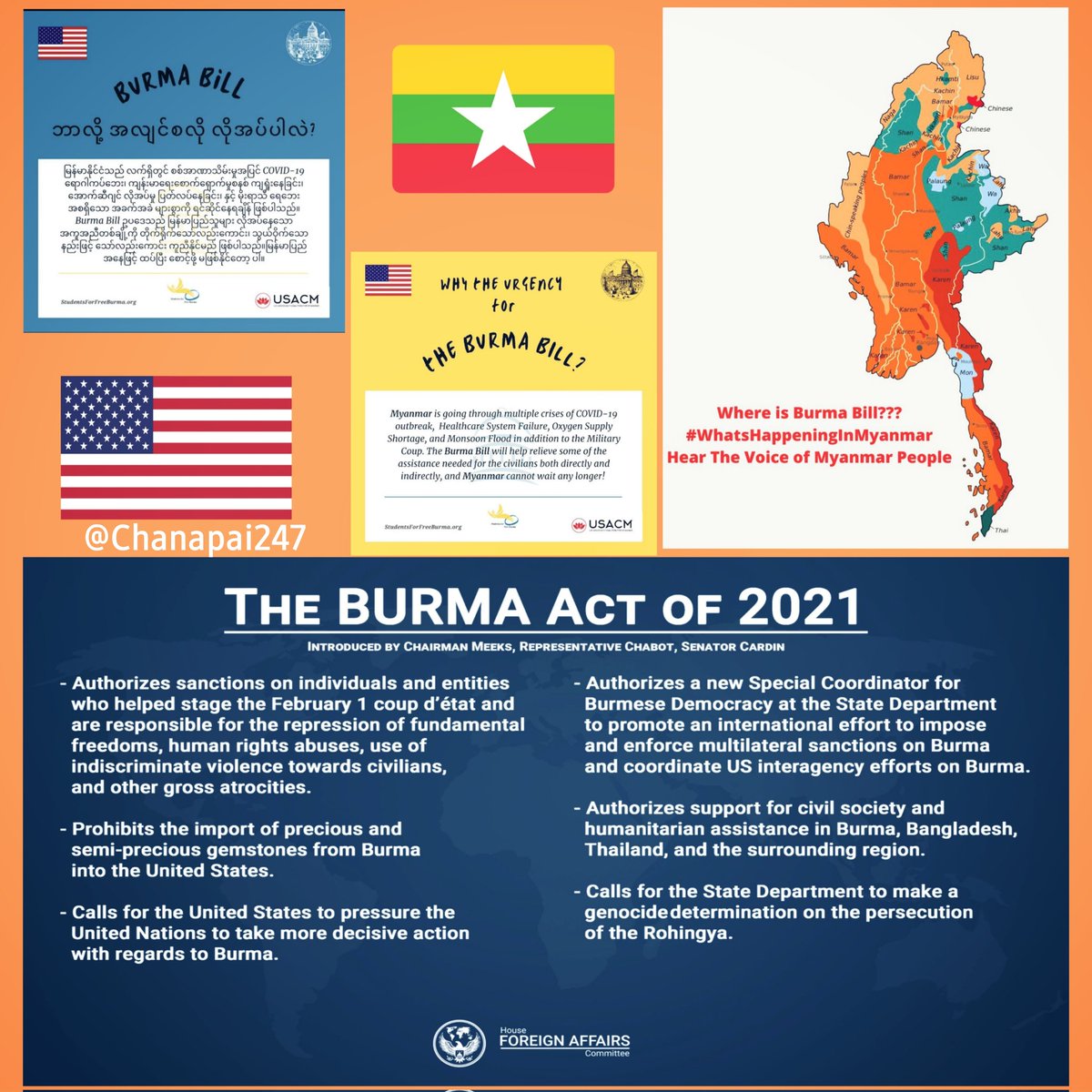 Chanapai247's tweet photo. It's been over a year of illegitimate 2021 February coup that jeopardized the years of reform and Burma's fragile transition to democracy. It's beyond high time to ensure #BURMAAct2021 and let our democracy flower blooms in Myanmar. @HouseGOP @HouseFloor

#PressureCongress https://t.co/Fb2Mk7b0k8