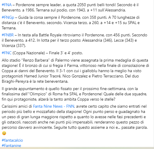 fanta9news's tweet photo. I risultati della 29^ giornata del #fantacalcio di #Fantanine: #FNL (Campionato), #FNA, #FNGp, #FNBR e... la finale 3°/4° posto di #FNC! 🥉🏆
Occhio! Nuova capolista in campionato... 👀
#FantaSerieBKT https://t.co/G3aSZ0Rhk2