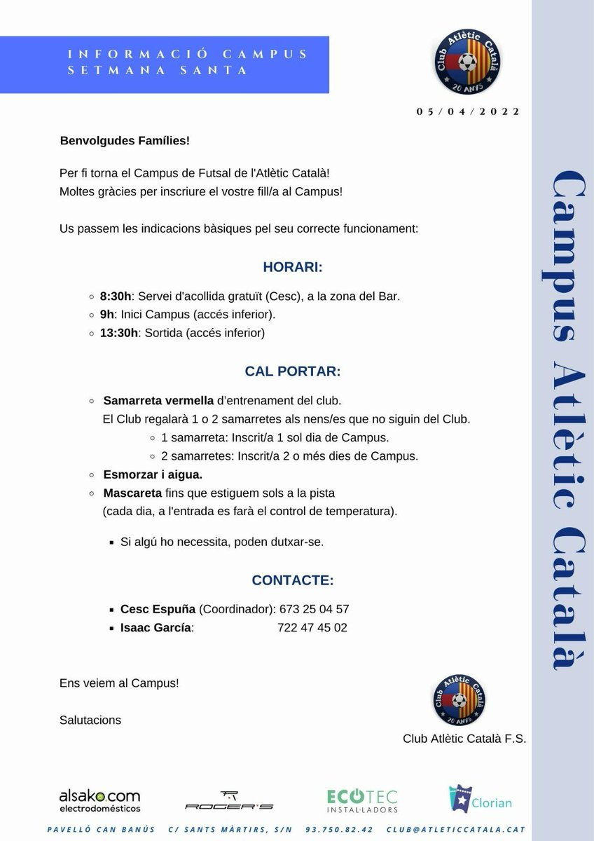📢ATENCIÓ📢 Info del campus de setmana santa 

⬇️⬇️⬇️