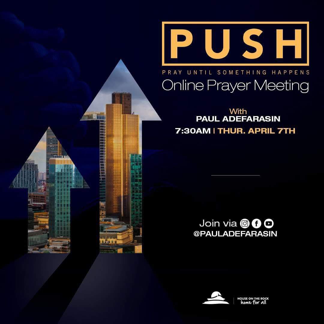 HOTRphc's tweet photo. Our Papa, Pastor Paul Adefarasin has called for a special PUSH Prayer session this Thursday at 7:30am on his various social media platforms. Please set up your reminders and do not miss this special meeting.
Exponential Living is yours ππΎ
Share this invitation.
#PUSH2022
#HOTR https://t.co/Q2IobUaRgw