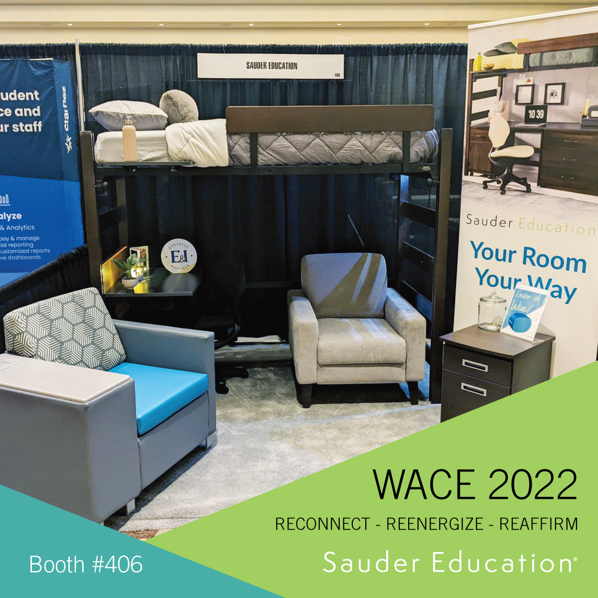 SauderEDU's tweet photo. The WACE exhibit hall will be opening soon! Stop by booth 406 to reconnect with us! Check out zTrak – our completely toolless bed system can be adjusted in less than a minute. Be sure to challenge our team members to a height adjustment! #SauderEducation #ResLife #StudentRooms https://t.co/fX8Wa74SAR