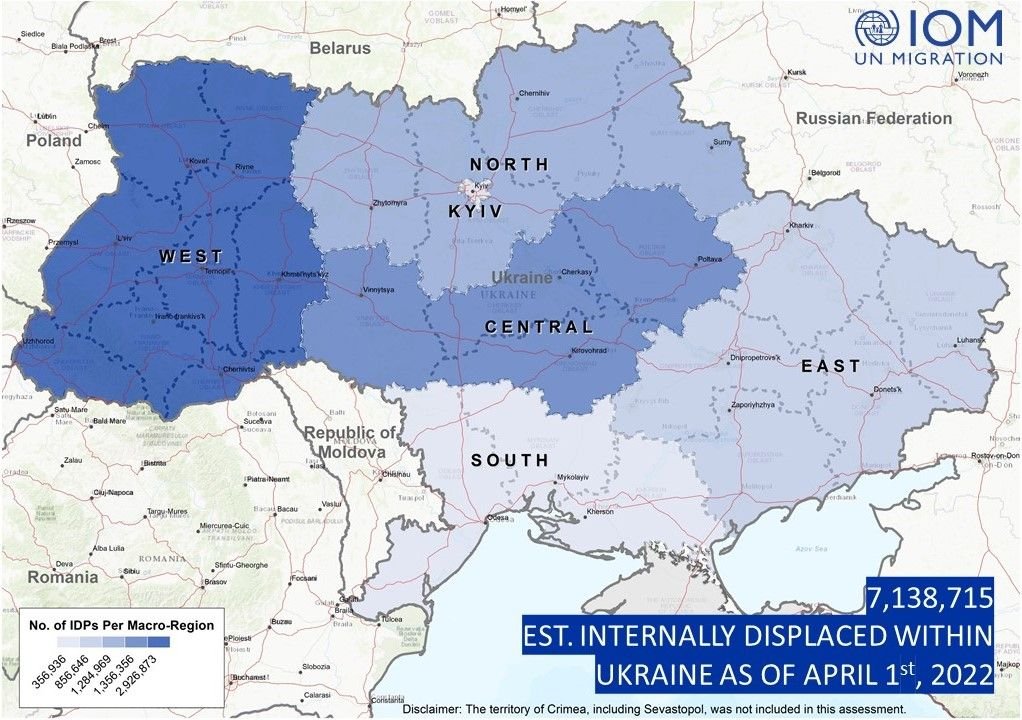 thatwan's tweet photo. As of April 1st, approximately 7.14 million internally displaced persons within #Ukraine in addition to the 4.1million+ people whom have already left the country. This equates to approximately 25% of  Ukranians being forcibly #displaced from their homes.  https://t.co/k4pBH7hCIf https://t.co/TK2rPVgPLl