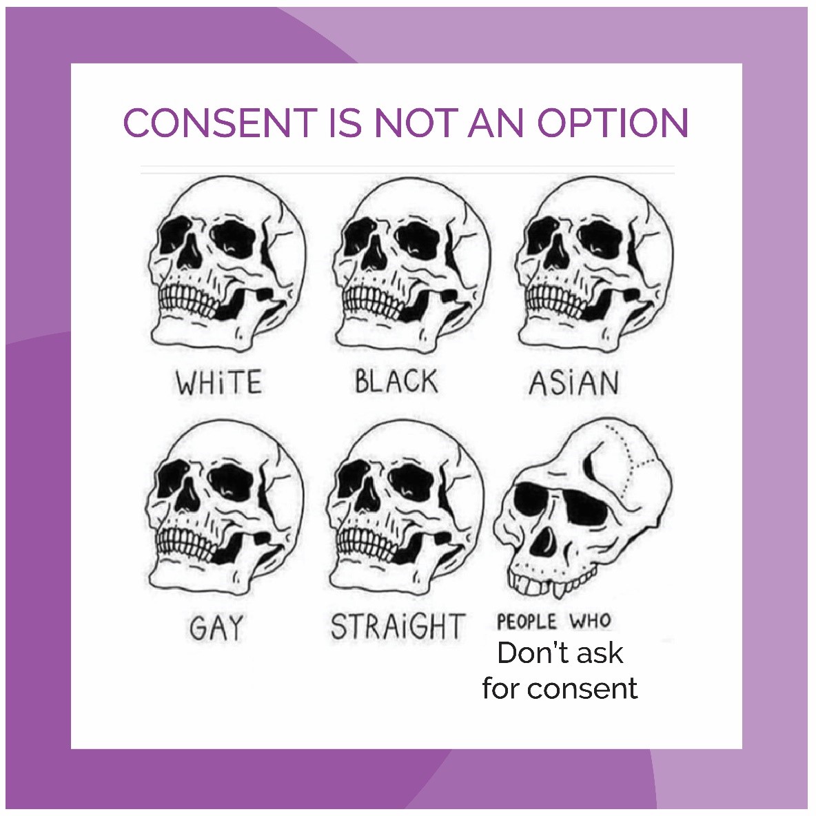 Consent is respecting when someone says No. Consent has no bias. Consent is for everyone. <a href="/NSVRC/">National Sexual Violence Resource Center</a> #30DaysofSAAM #day5 #April #SexualAssaultAwarenessMonth