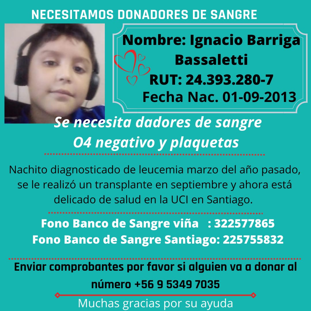 erices_a's tweet photo. El pequeño gigante Ignacio requiere dadores de sangre. Fue trasplantado de médula ósea (células madre) para tratar su leucemia hace 6 meses. Hoy está en UCI del @HCalvoMackenna. No es de Santiago, requiere donantes. @DonaSangreStgo @Rh_Negativos @DKMS_cl @SoyDonanteTu @segatona https://t.co/TEAAowtAlx