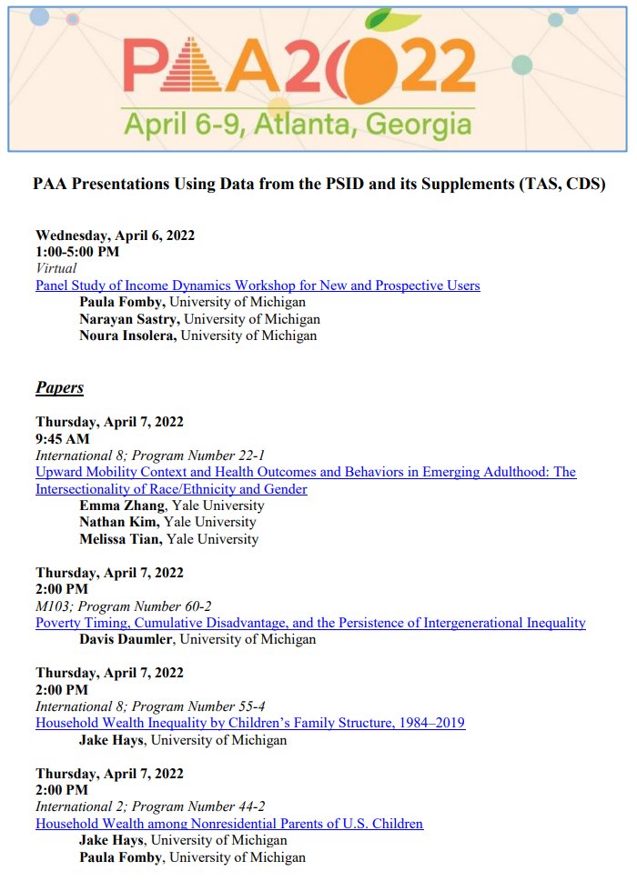 umpsid's tweet photo. We are excited for the start of #paa2022! Check out these presentations and posters based on #PSIDdata. The agenda for tomorrow's PSID Workshop is here:
https://t.co/RYMQcNzzZw https://t.co/sO1428Wl8N