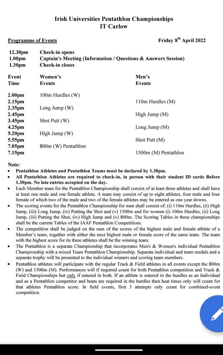 Timetable for the IUAA Track and Field Championships this weekend in @SportITCarlow