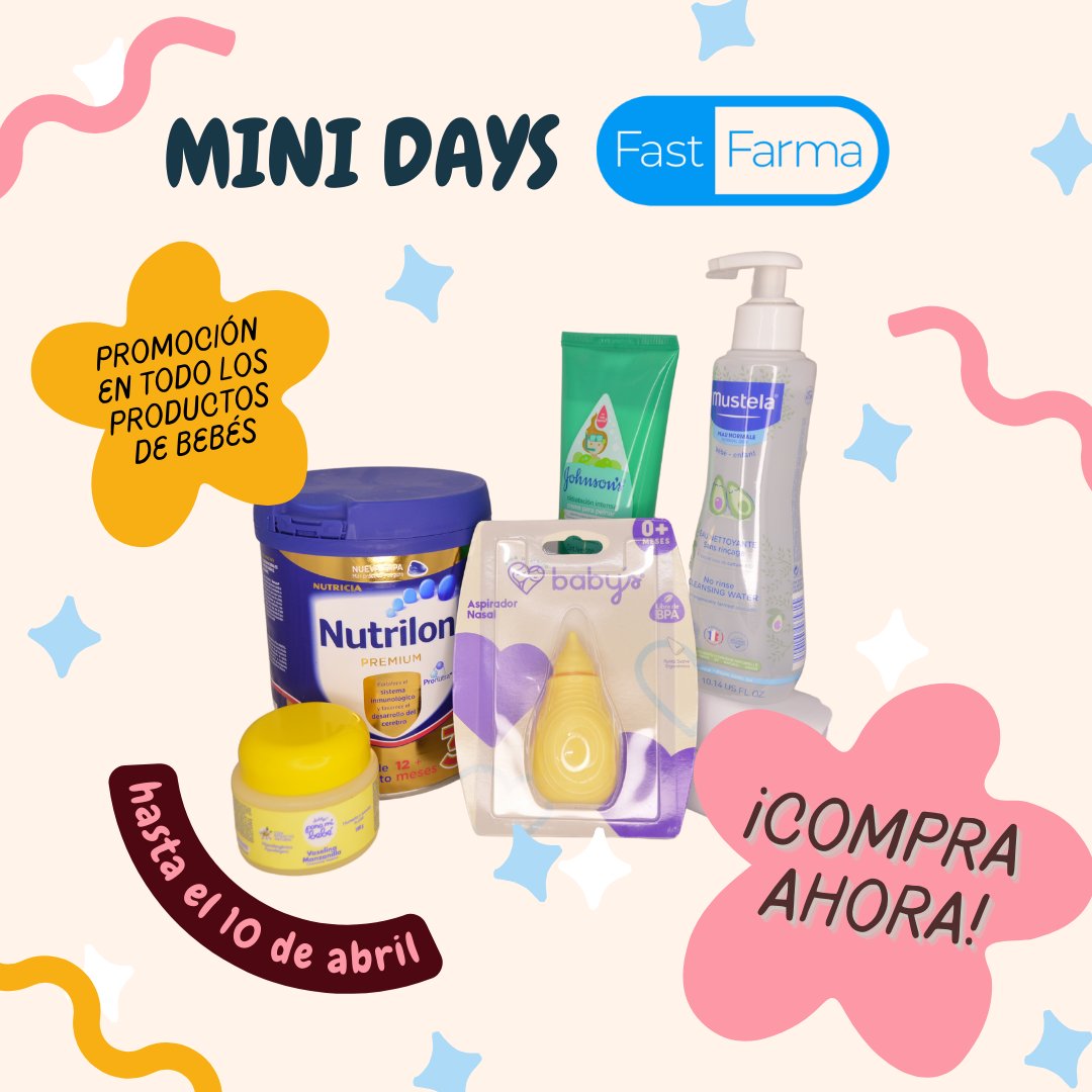 #FastFarma trae para ti las mejores #promociones 🤩 ¡hasta el 10 de abril estamos con descuentos en los productos de bebés! 
#MINIDays 🧸🍼🧷👶🏽
-
Escríbenos, descarga o visita nustra página web aquí➡️linktr.ee/FastFarma