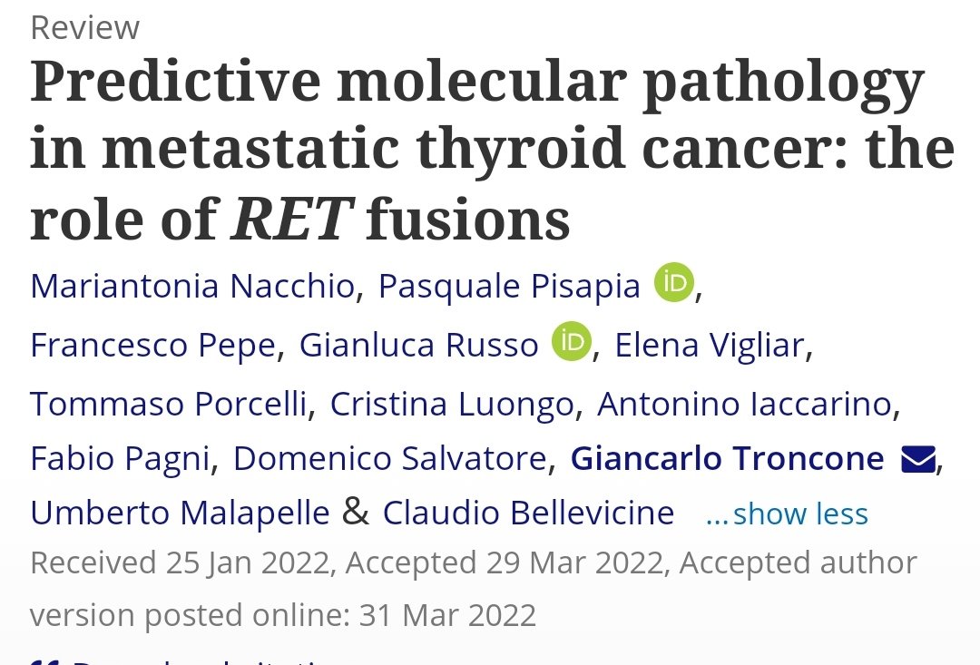 Proud to share our review on the role of #RET #fusions in #predictive #molecular #pathology in #metastatic #thyroid #cancer ! 
It's great to work together 💯 <a href="/pathologyfinder/">Claudio Bellevicine</a>
<a href="/PasqualePisapia/">Pasquale Pisapia</a> <a href="/gianlucar93/">Gianluca Russo</a> <a href="/elena_vigliar/">Elena Vigliar</a> <a href="/TommasoPorcelli/">Tommaso Porcelli</a> <a href="/UmbertoMalapel1/">Umberto Malapelle</a> <a href="/giankitronky/">Giancarlo Troncone</a>