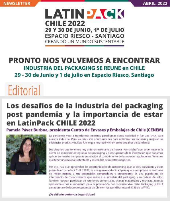ExpoLatinPack's tweet photo. Te invitamos a revisar el newsletter de abril de #LatinPackCHILE 2022, donde destacamos la editorial de la presidenta de @CENEM_CHILE y la entrevista a #ThinkPlasticBrazil
✴️Léelo acá: https://t.co/3KURf6QwWA
#Newsletter https://t.co/SGGvdrz5ub