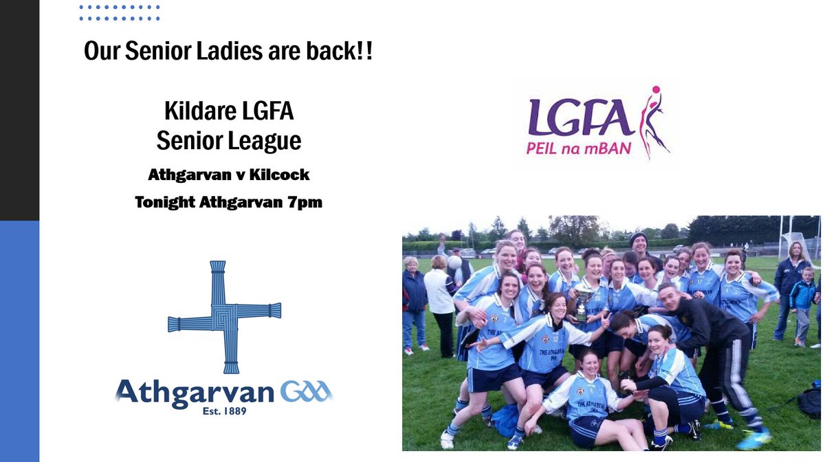 Come out and support our ladies tonight, 7pm throw-in. @KildareLGFA1 @KildareLGFA @kilcocklgfa