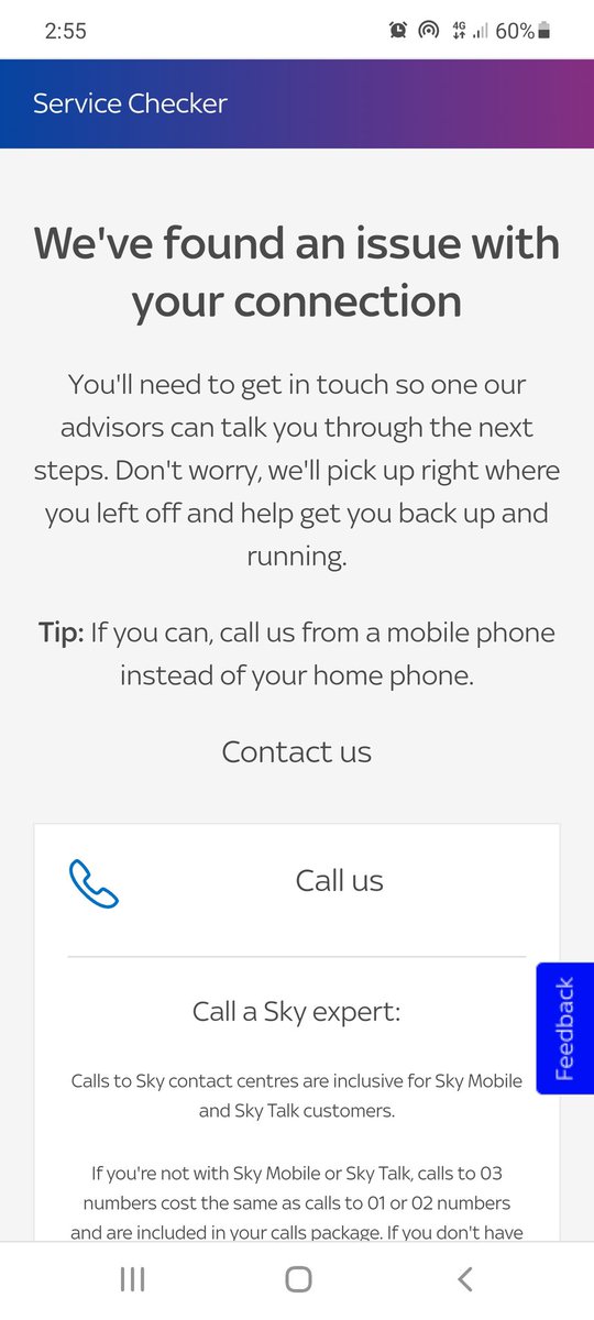 ceballard's tweet photo. @SkyHelpTeam It's telling me there is a problem with my connection. But the Is The Service Down website is stating there is an outage in my area.. and why Sky are failing to acknowledge this I don't know https://t.co/M5OahT7ufj