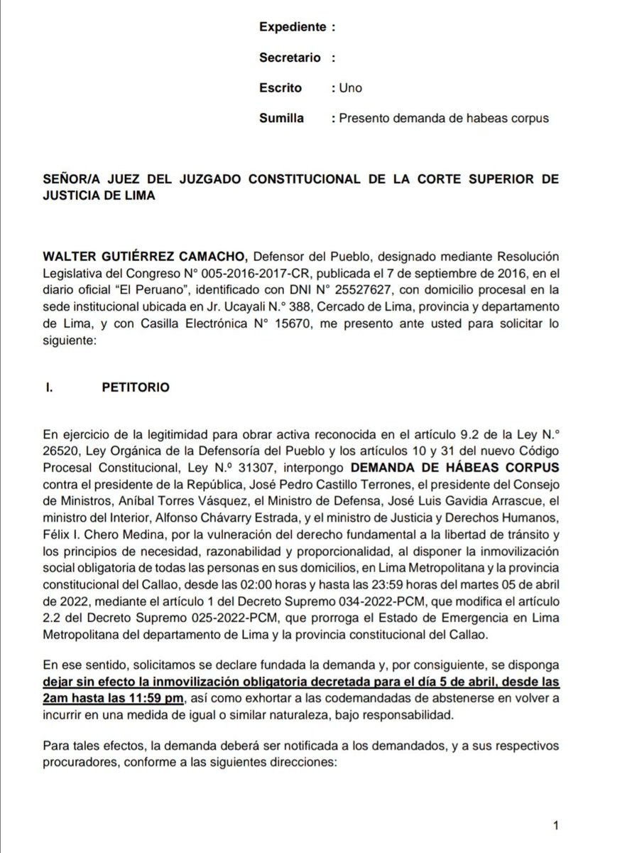 KikesitoVH's tweet photo. #LOULTIMO Defensor del Pueblo Walter Gutiérrez presentó habeas corpus contra DS de inmovilización social @RPPNoticias https://t.co/ONutzwHRkf