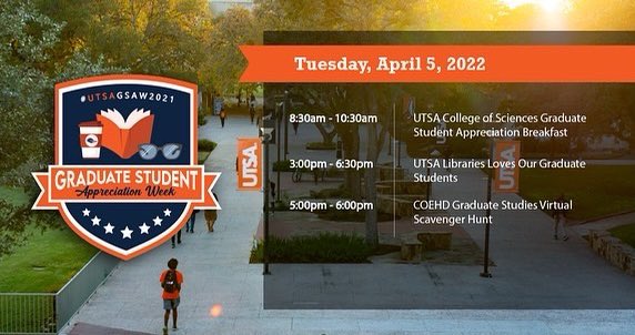 UTSAGradSchool's tweet photo. GSAW Day 2! Swipe for full schedule 👉

Don’t forget to stop by  @utsalibraries on the main and downtown campus for a little gift! View all events: https://t.co/BhGNAm32aG 🤙

#utsagsaw #utsagradschool #gsaw https://t.co/0h59gIuid8
