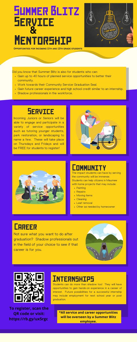 maumee_schools's tweet photo. More info about SUMMER BLITZ mentorship &amp; service opportunities for students entering 11th &amp; 12th grade next school year. Summer Blitz Director: Dr. Nick Neiderhouse @ nneiderhouse@maumeek12.org
Link to see all the programs for students grades 6 - 12: https://t.co/bd58hV53rW https://t.co/4wsugWVg8m