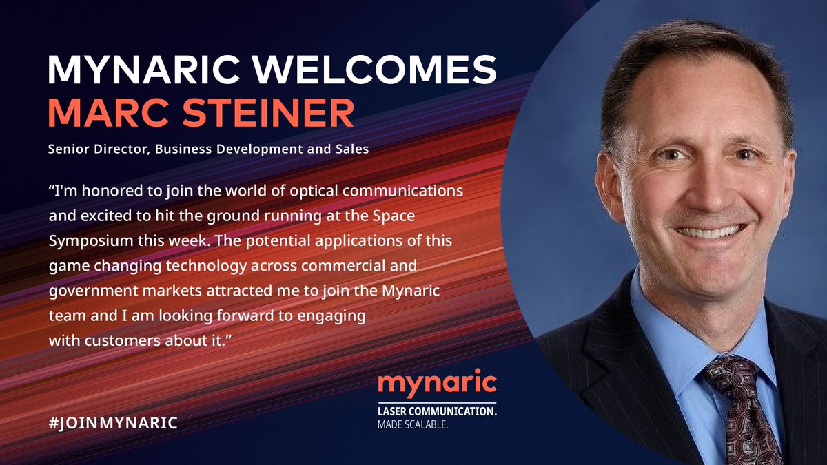 mynaric's tweet image. We are delighted to welcome Marc Steiner to @mynaric - Marc&apos;s already on the ground at the Space Symposium in Colorado Springs where he is ready and waiting to speak to you about our laser communication products and solutions

#lasercommunication #SpaceSymposium
