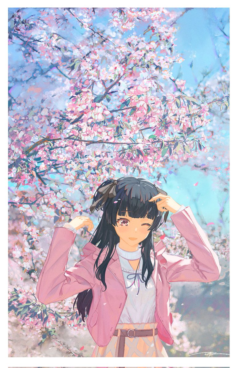 mayuzumi fuyuko 1girl black hair one eye closed cherry blossoms solo pink jacket jacket  illustration images