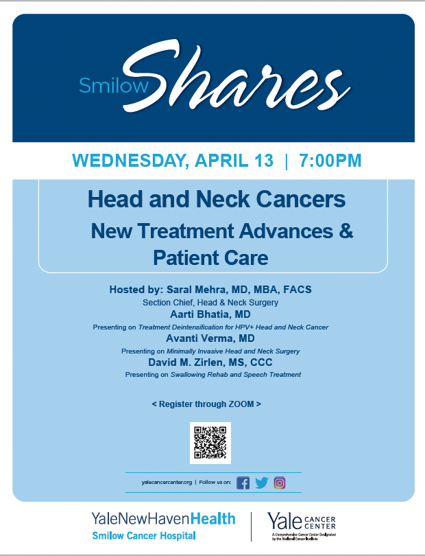 Smilow Cancer Hospital (@smilowcancer) on Twitter photo Interested in learning about new treatment advances for #headandneckcancers? Join <a href="/SmilowCancer/">Smilow Cancer Hospital</a> providers on 4/13 at 7pm for a Smilow Shares webinar. Register at bit.ly/3KbgDDW. #HeadandNeckCancerAwarenessMonth <a href="/YaleCancer/">Yale Cancer Center</a>
<a href="/YaleMed/">Yale School of Medicine</a> <a href="/YNHH/">Yale New Haven Hosp</a> <a href="/YaleSurgery/">Yale Surgery</a> <a href="/Yale_ENT/">Yale ENT</a> Interested in learning about new treatment advances for #headandneckcancers? Join <a href="/SmilowCancer/">Smilow Cancer Hospital</a> providers on 4/13 at 7pm for a Smilow Shares webinar. Register at bit.ly/3KbgDDW. #HeadandNeckCancerAwarenessMonth <a href="/YaleCancer/">Yale Cancer Center</a>
<a href="/YaleMed/">Yale School of Medicine</a> <a href="/YNHH/">Yale New Haven Hosp</a> <a href="/YaleSurgery/">Yale Surgery</a> <a href="/Yale_ENT/">Yale ENT</a>