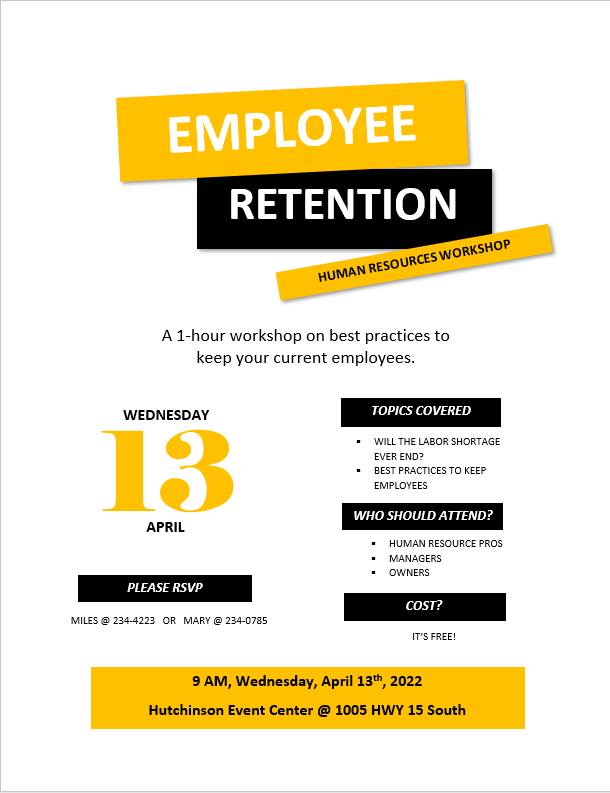 The Hutchinson EDA &amp; Chamber of Commerce are partnering to put on a FREE workshop designed you help you keep existing employees.  Register here: events.constantcontact.com/register/event...