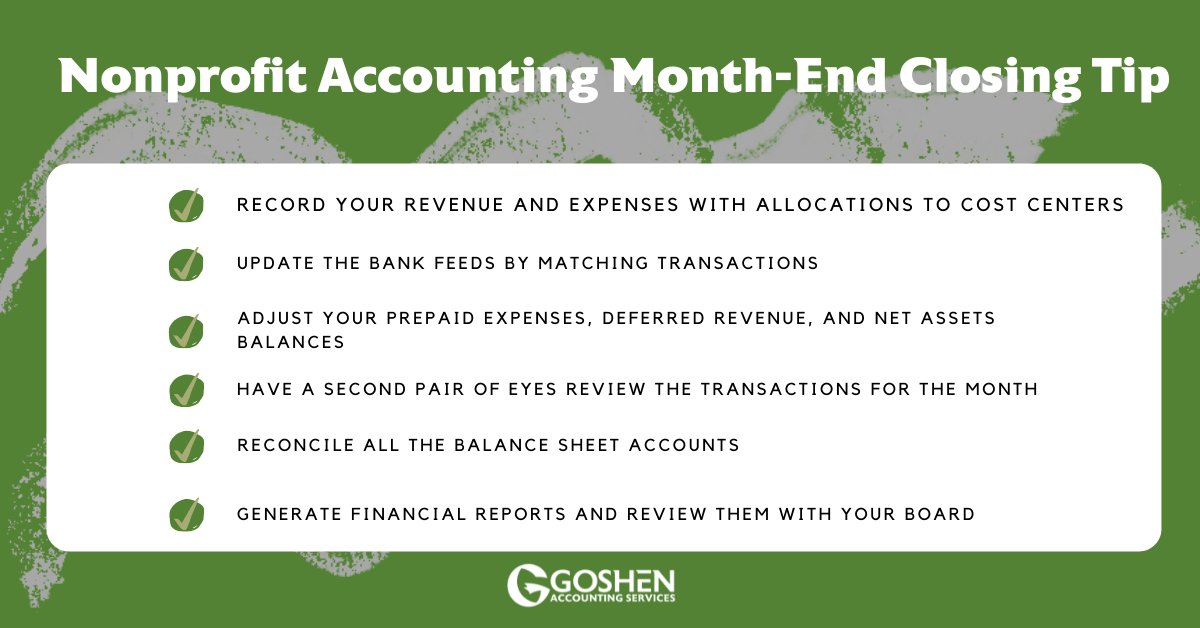 Nonprofits, are you doing your finances? Here are the top things to complete the month-end closing process with the help of #QuickBooks Online.

Check our services at ow.ly/uB6e50IqlEX

#nonprofit #goshenaccountingtip #nonprofitaccounting  #nonprofitbookkeeping