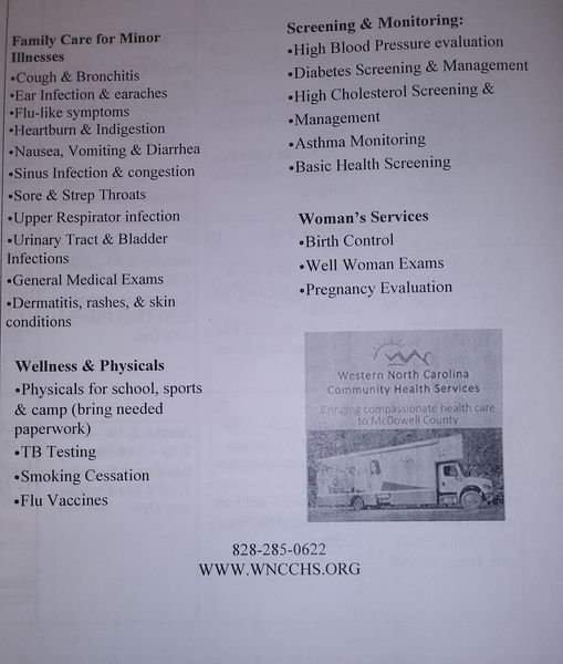 VolCtrMcDowell's tweet photo. TODAY the WNCCH Mobile Medical Unit will be here at McDowell County Senior Center from 9:30am - 3:30pm. They accept walk-ins or you can call 828-659-5289. They do accept Medicare, Medicaid, and Private insurance. Patients can also apply for sliding scale discount based on income. https://t.co/aBWw3l9MHU