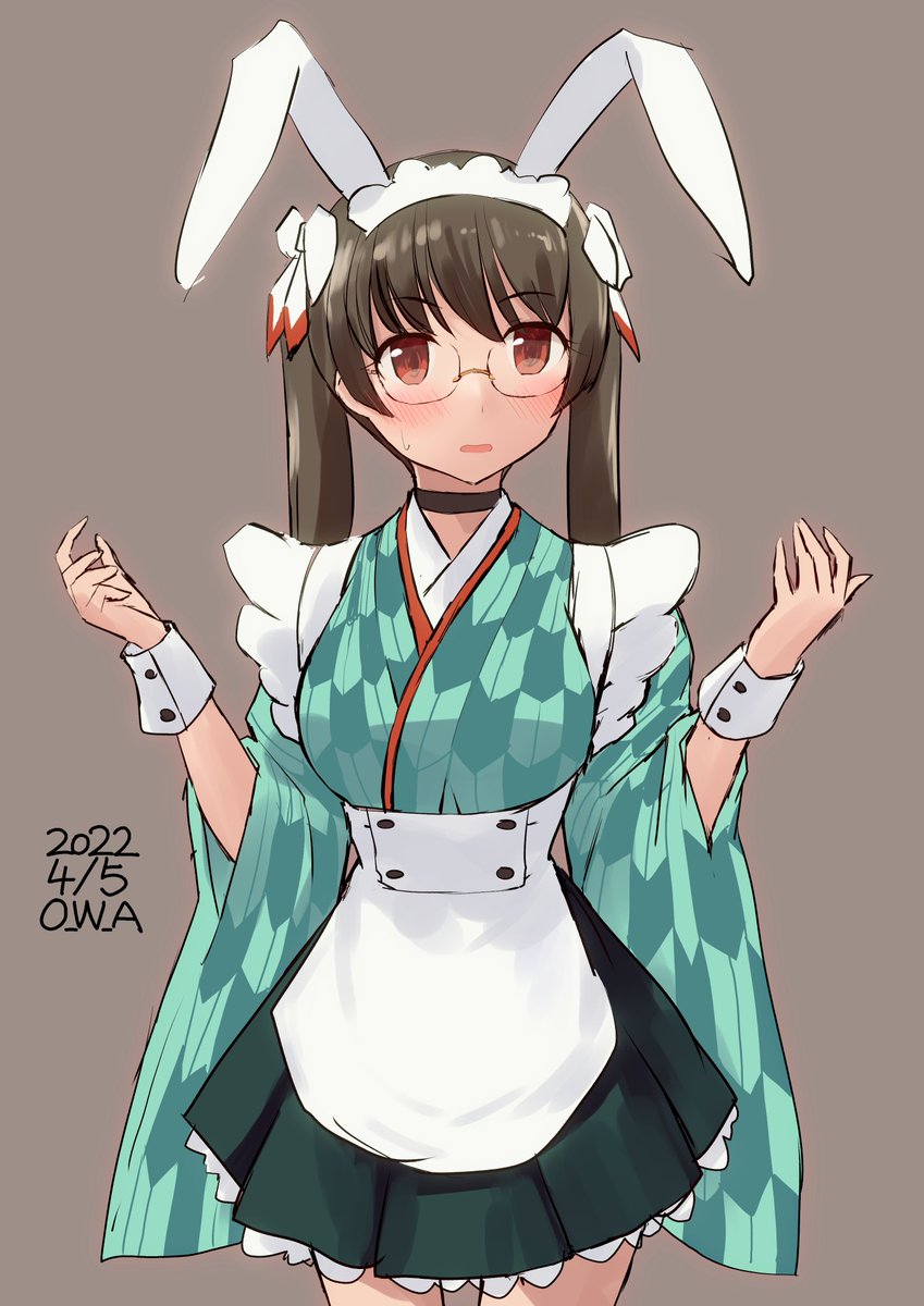 choukai (kancolle) 1girl solo rabbit ears animal ears long hair glasses japanese clothes  illustration images