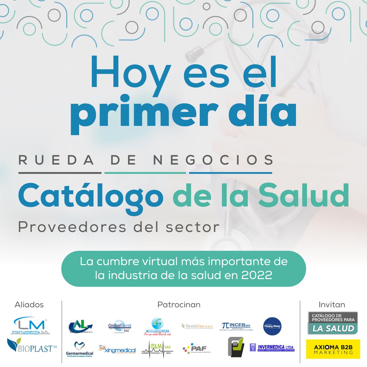 catalogosalud's tweet photo. 🔴 HOY damos inicio a nuestro primer día de la RUEDA DE NEGOCIOS DEL CATÁLOGO DE LA SALUD, el evento virtual más importante de la Industria. Contaremos con la participación de LM Instruments S.A. 
Un evento de Axioma B2B Marketing #ruedadenegociossalud2022 https://t.co/FOLdQnWOln