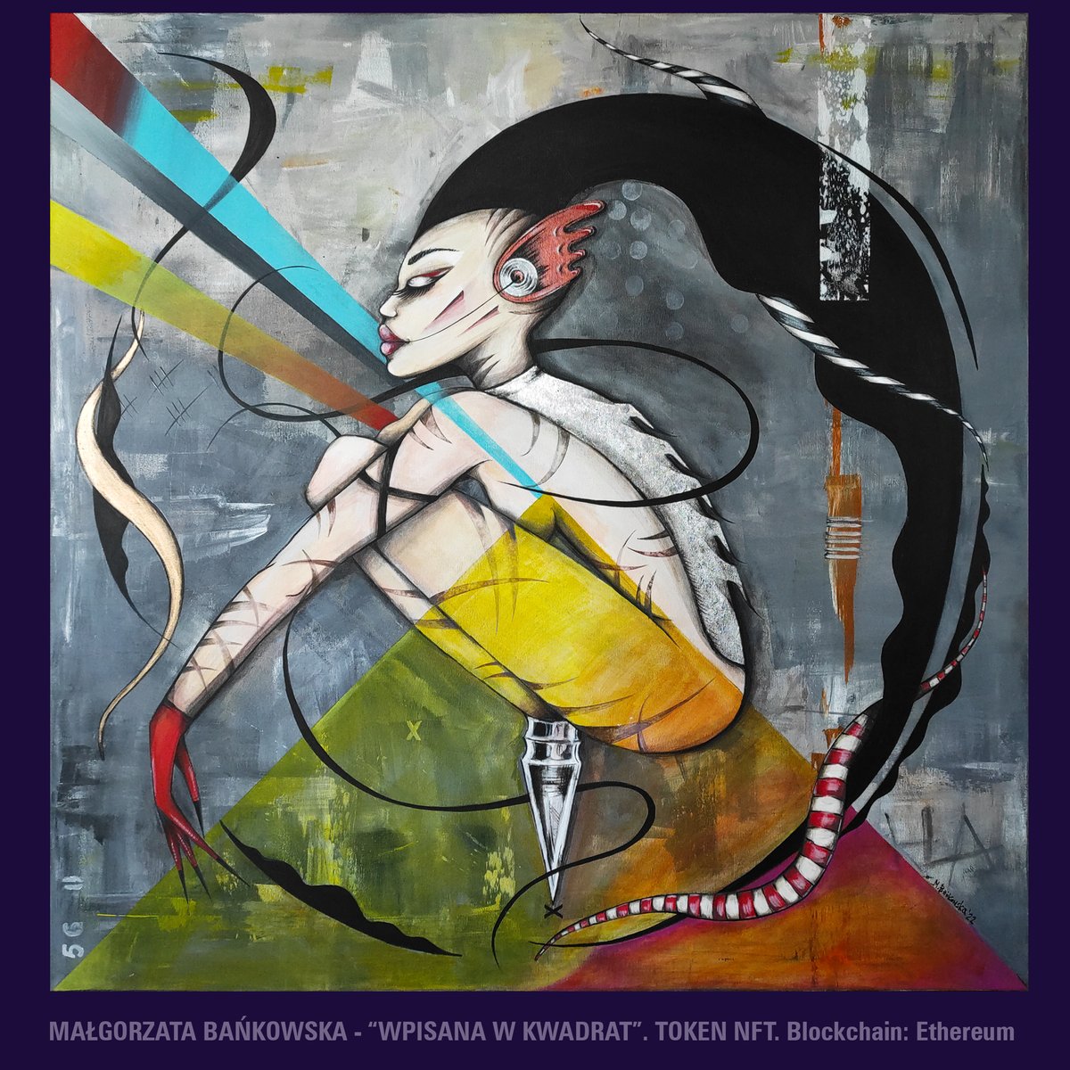 diamondsct's tweet photo. "Wpisana w kwadrat" to obraz Małgorzaty Bańkowskiej @MilaleeArt, który łączy surrealizm z elementami pop-artu. Na naszej aukcji licytowany będzie zarówno obraz - akryl 100x100cm jak i jego token #NFT. To już jutro o godzinie 19, @Zlota_44 lub online #OneBid   
#nftart #bankowska https://t.co/6ANSoMV7us