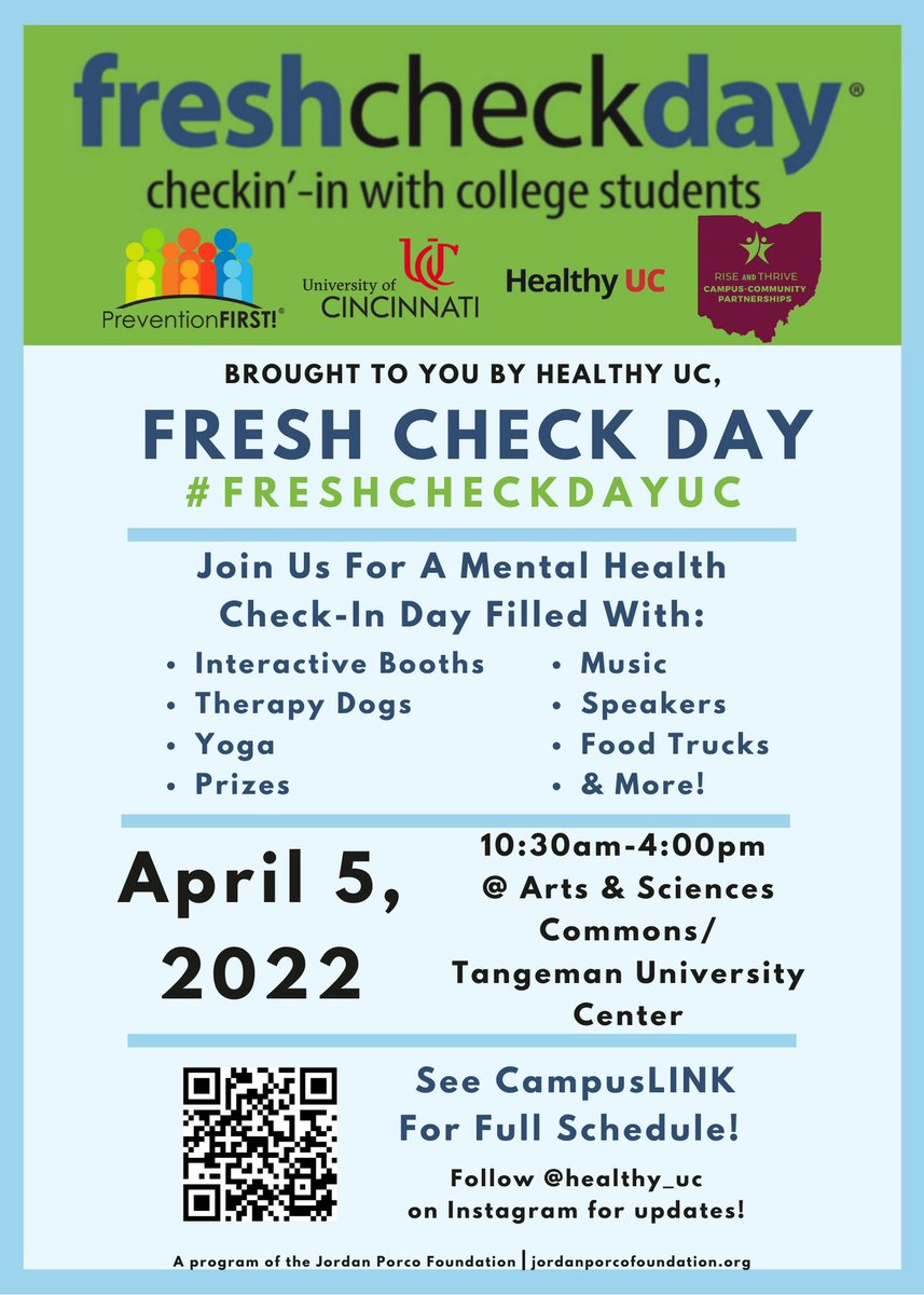 Fresh Check Day is TODAY from 10:30am-4:00pm at TUC! Come on out for a mental health check-in day filled with music, speakers, giveaways, therapy dogs, and more! Follow @Healthy_UC on Instagram for updates! See you there! #FreshCheckDayUC