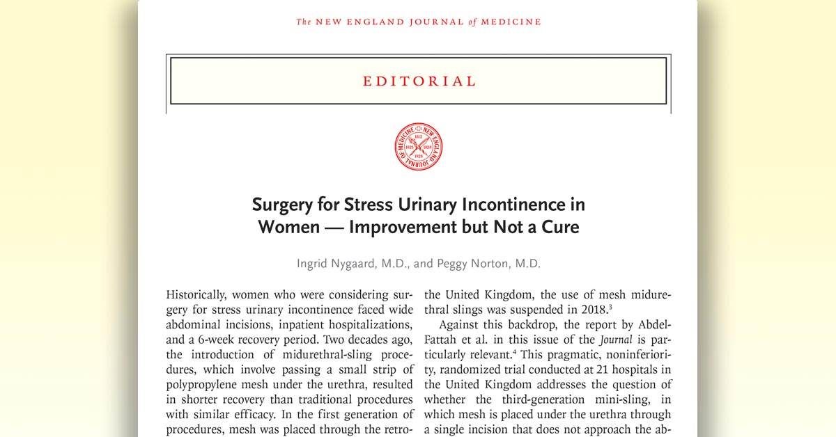 NEJM's tweet photo. New editorial by Ingrid Nygaard, M.D., and Peggy Norton, M.D.: "Surgery for Stress Urinary Incontinence in Women — Improvement but Not a Cure" https://t.co/feKDtiGDEC https://t.co/xLBoBalG8l