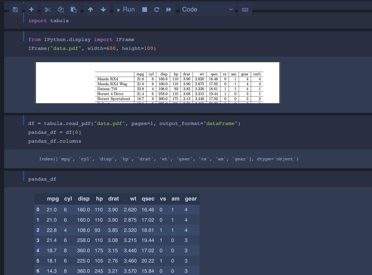 marlene_zw's tweet photo. If you've ever wanted to convert a PDF table to a pandas DataFrame, the #Python package 'tabula-py' lets you do this in one line of code🐍✨

You'll need to have Java installed for the package to work. Otherwise, just run 'pip install tabula-py'💕 https://t.co/rlTIPzJSBz