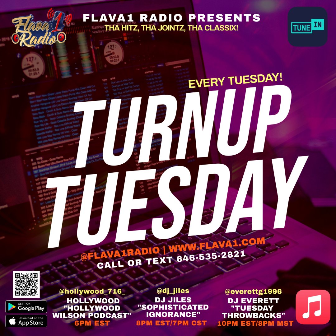 Our "Turnup Tuesday" has a new lineup!
 
6PM EST @hollywood_716__ 
8PM EST <a href="/dj_jiles/">Dj Jiles</a>
10PM EST <a href="/everettg1996/">Golda</a> 

Download our app, visit Flava1.com, listen on TuneIn or Apple Music. Text 1-646-5FLAVA1. #Flava1Radio #Hollywood #DJJiles #DJEverett #TurnUpTuesday
