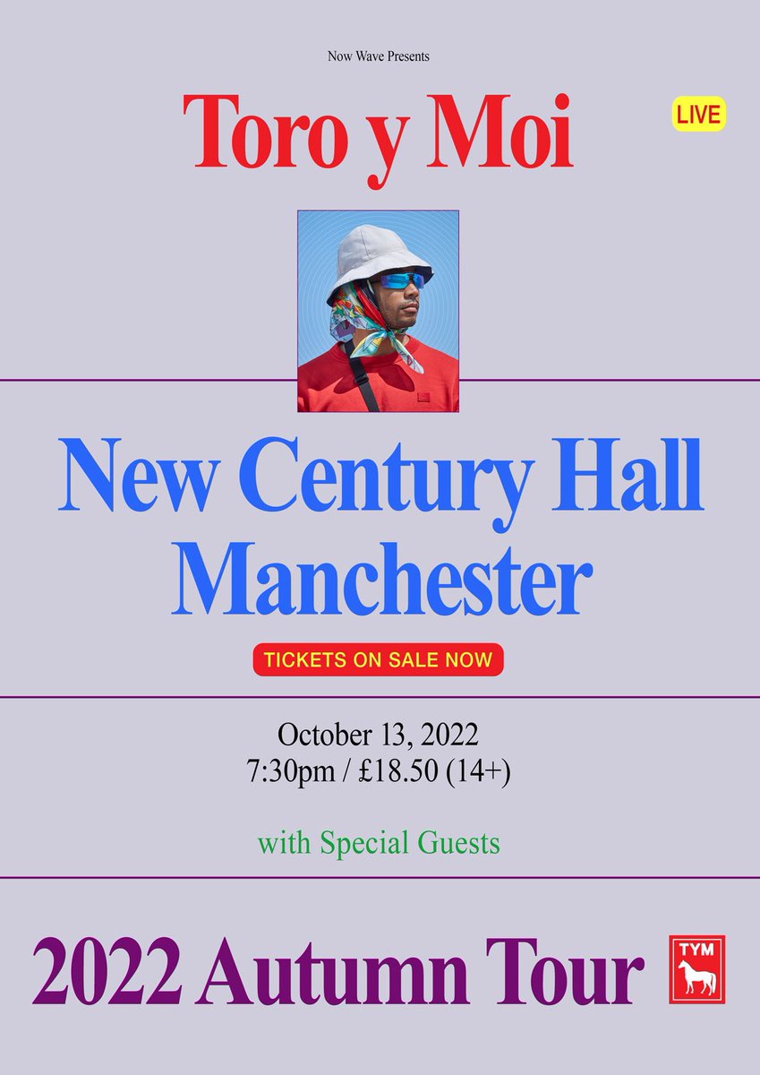 nowwave's tweet photo. WE’RE EXCITED TO ANNOUNCE OUR FIRST SHOW AT NEW CENTURY HALL.
TORO Y MOI.
THURSDAY 13th OCTOBER
TICKETS ON SALE FRIDAY APRIL 8TH AT 10AM
LOTS MORE NEW SHOWS TO BE ANNOUNCED AT NEW CENTURY HALL SOON.
#toroymoi
#newcenturyhall
#nowwave https://t.co/D03Ao9yAN3