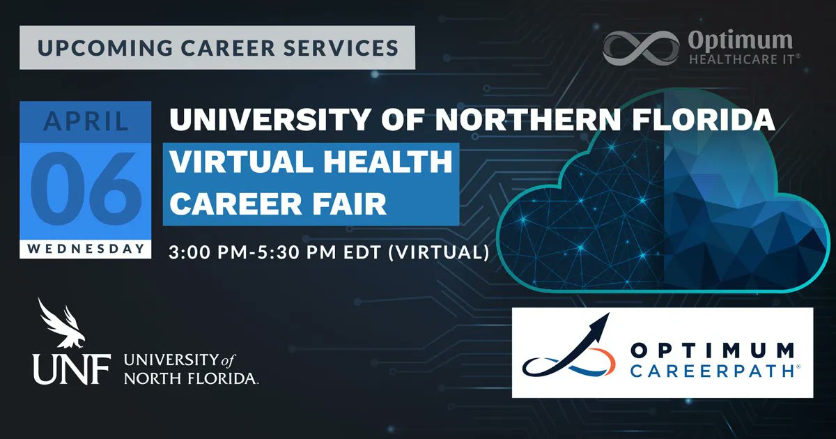 The Optimum CareerPath team is excited to attend today's Virtual Health Career Fair at the University of North Florida! We hope to see all recent grads and interested students there!

#talent #hiring #healthcareIT #careerfair https://t.co/dOzgANuUj3