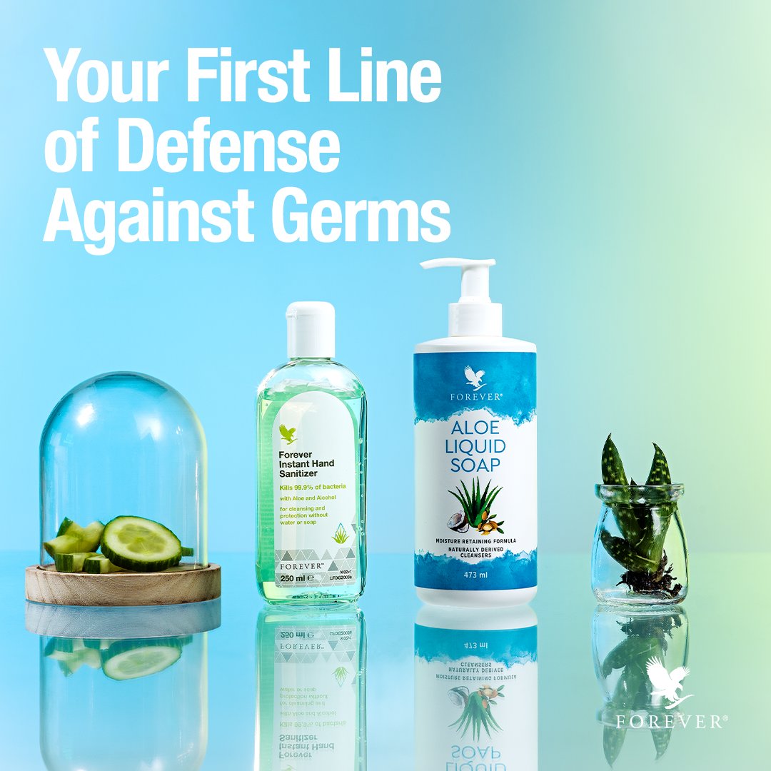Keeping your hands clean is your first line of defense against germs. Aloe  Liquid Soap keeps your hands soft and clean while Forever hand sanitizer is  perfect for when you're on the