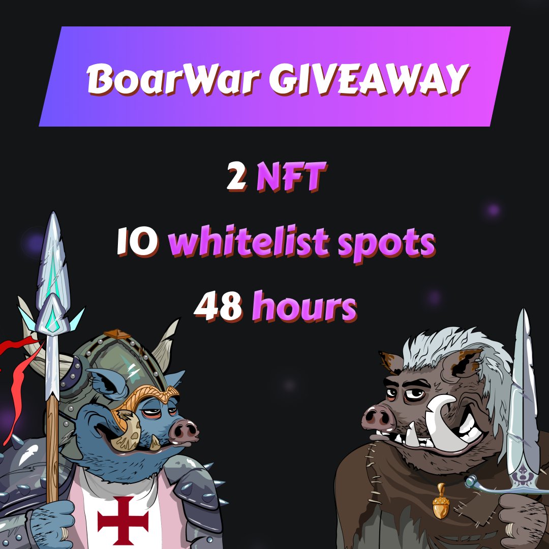 Boar_War_NFT's tweet photo. ⚡️LIGHTNING GIVEAWAY⚡️

🃏2 exclusive BoarWar NFTs and 10 whitelist spots
💵Worth $300
⏱Only 48 hours left!

📢Rules: 
1️⃣Follow @Boar_War_NFT
2️⃣Like &amp; RT
3️⃣Join https://t.co/dk4ubkBQzq
4️⃣Tag 3 friends

Good luck🍀

#BoarWar #NFTCommunity #NFTs #NFTGiveway #PlayToEarn https://t.co/LolquW2CwW