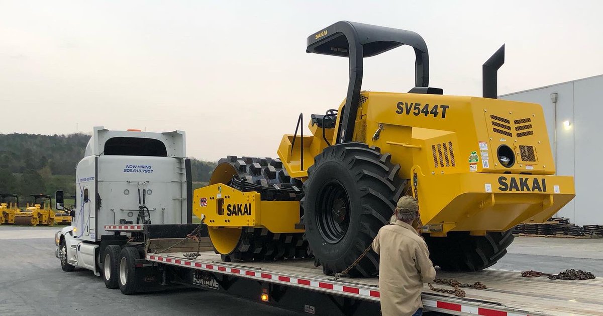 sakaiamerica's tweet photo. We love shipping Sakai rollers out of the yard before the rain comes. These SV544T beauties going to National Equipment Dealers Texas. #mastersofcompaction https://t.co/KGnWOeXPg4