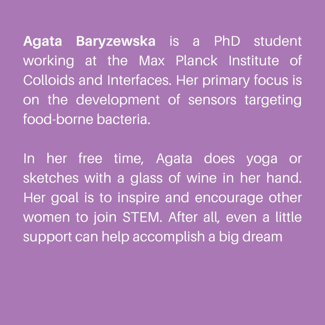 Soapbox Science Berlin (@berlin_soapbox) on Twitter photo Meet our last (& newest member!)
Agata Baryzewska is a #PhD #student working at the <a href="/MpiciPotsdam/">Max Planck Institute of Colloids and Interfaces</a>. Her primary focus is on the development of sensors targeting food-borne #bacteria. <a href="/baryzewska/">Agata Baryzewska</a>'s goal is to inspire and encourage other #women to join #STEM.
Welcome to the team! Meet our last (& newest member!)
Agata Baryzewska is a #PhD #student working at the <a href="/MpiciPotsdam/">Max Planck Institute of Colloids and Interfaces</a>. Her primary focus is on the development of sensors targeting food-borne #bacteria. <a href="/baryzewska/">Agata Baryzewska</a>'s goal is to inspire and encourage other #women to join #STEM.
Welcome to the team!