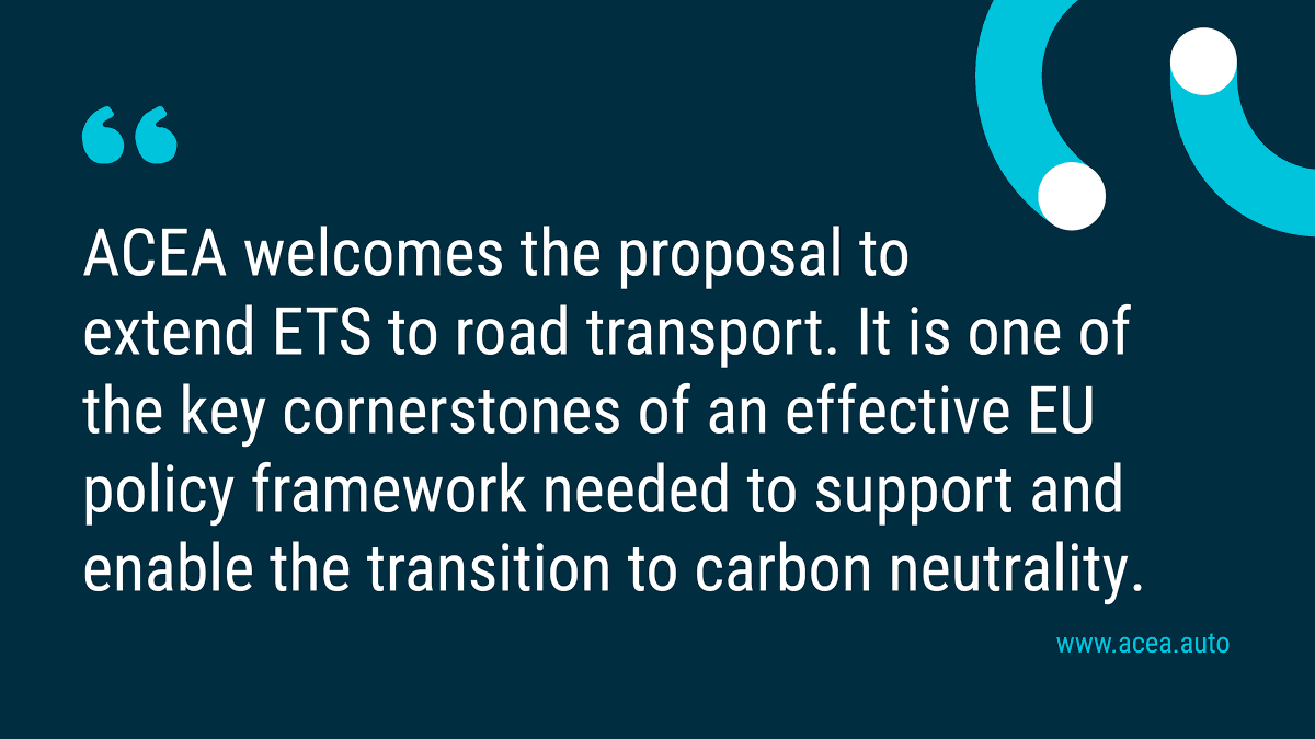ACEA_auto's tweet photo. 💬 "ACEA welcomes the proposal to extend the #EUETS to #RoadTransport. It is one of the key cornerstones of an effective EU policy framework needed to support and enable the transition to #CarbonNeutrality."

LEARN MORE: https://t.co/xfVHfz8JRi

#RoadToCarbonNeutrality https://t.co/wxEvVVmmXL